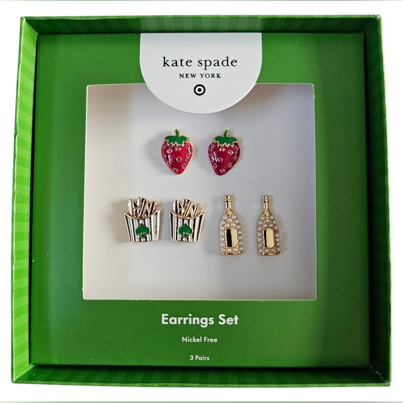 Kate Spade Strawberry, Bottle And Gold Fries Earrings Set, New In Box - Picture 1 of 6